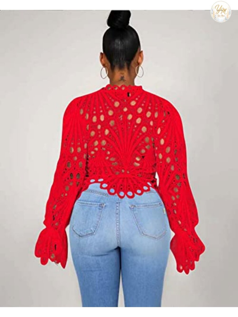 Lace Ruffle Puff Long Sleeve Button Down Top - Picture 2 of 5